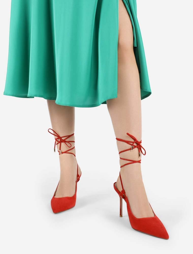 Women's Lace-Up Pointy Toe Pumps, Red