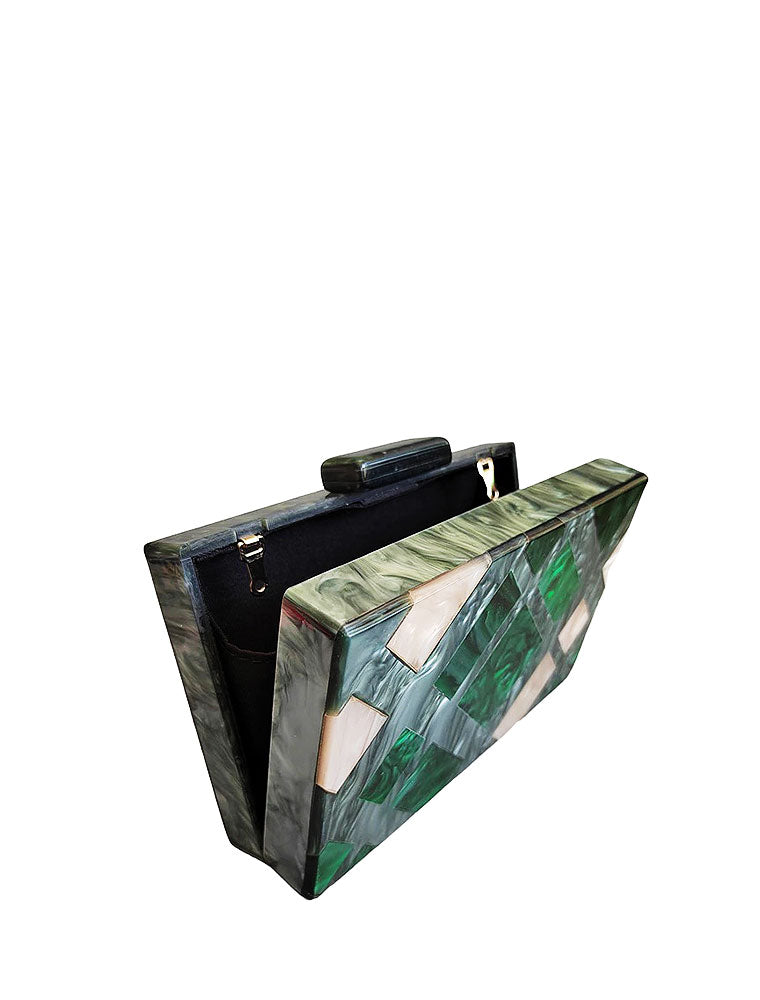 Rectangular Geometrical Design Acrylic Clutch Bag, Pearl / Green