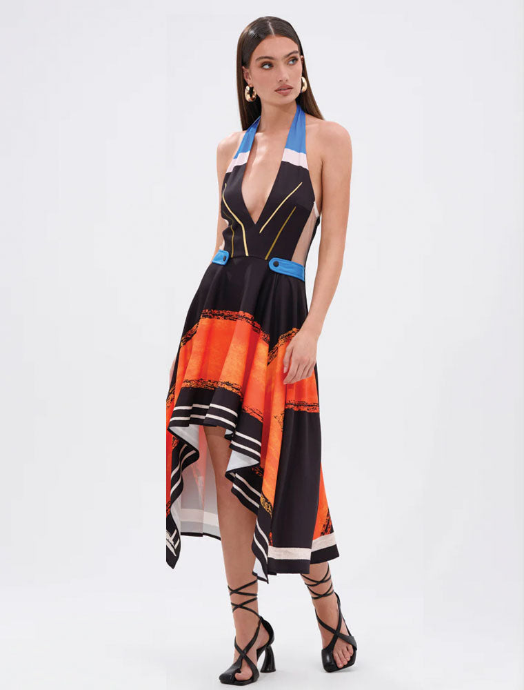 Asymmetrical Halter Midi Dress, Multicolor