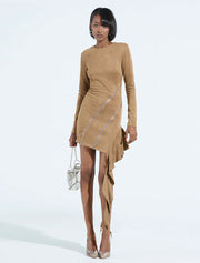 Asymmetrical Zip Detail Suede Mini Dress, Mocha