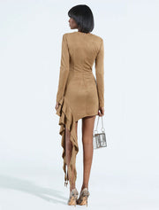 Asymmetrical Zip Detail Suede Mini Dress, Mocha