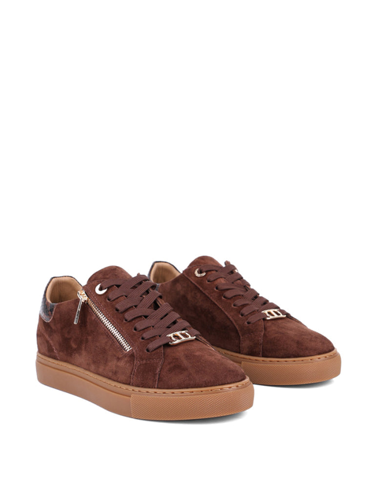 Classic Sneakers with Gold Zipper & Snake Detail, Brown