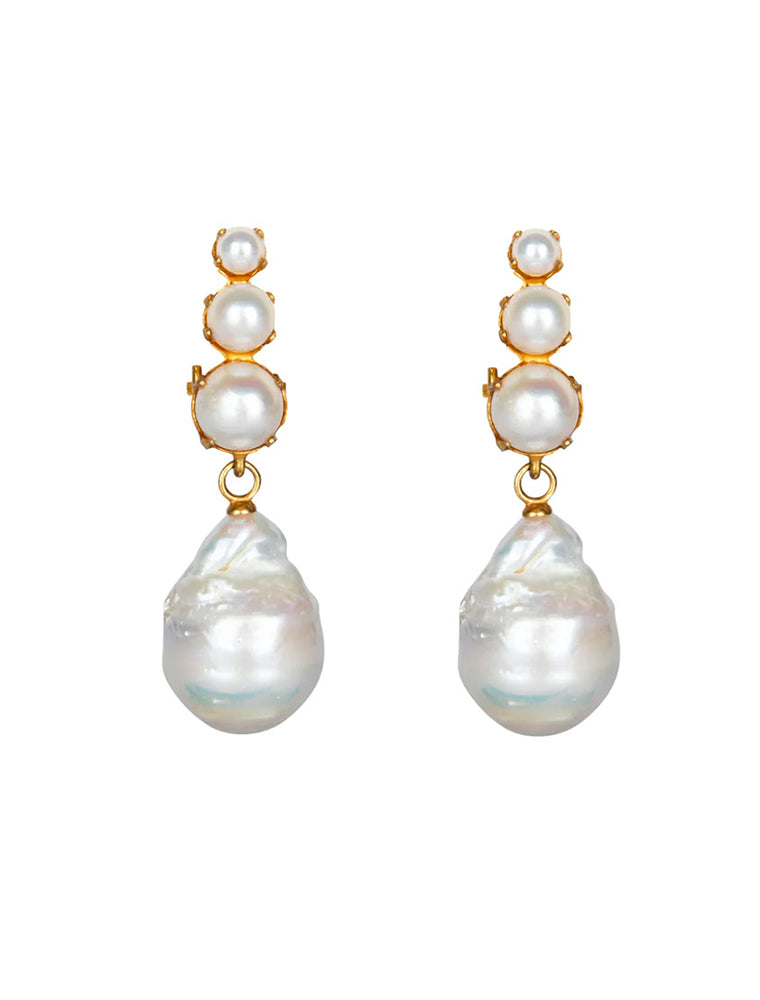 Interchangeable Earring Set, Three Round Pearls with Baroque Pearl Drop, 14K White Gold Plated