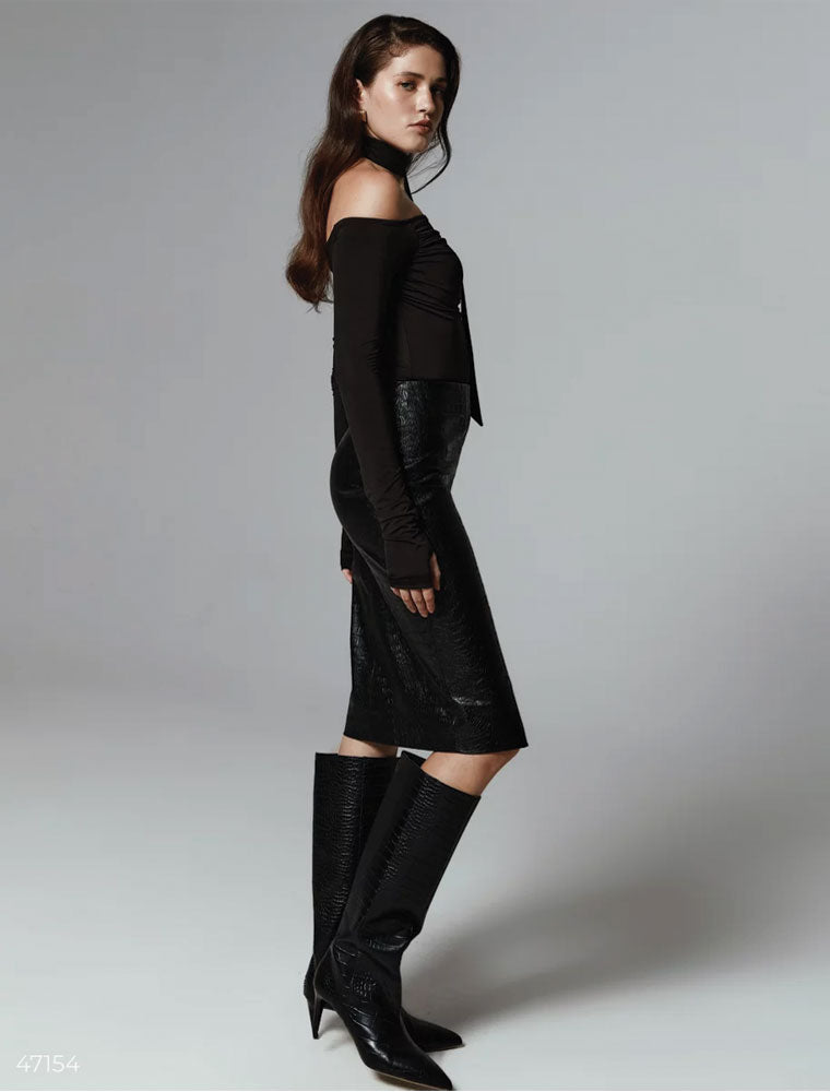 Faux Crocodile Leather Midi Skirt, Black