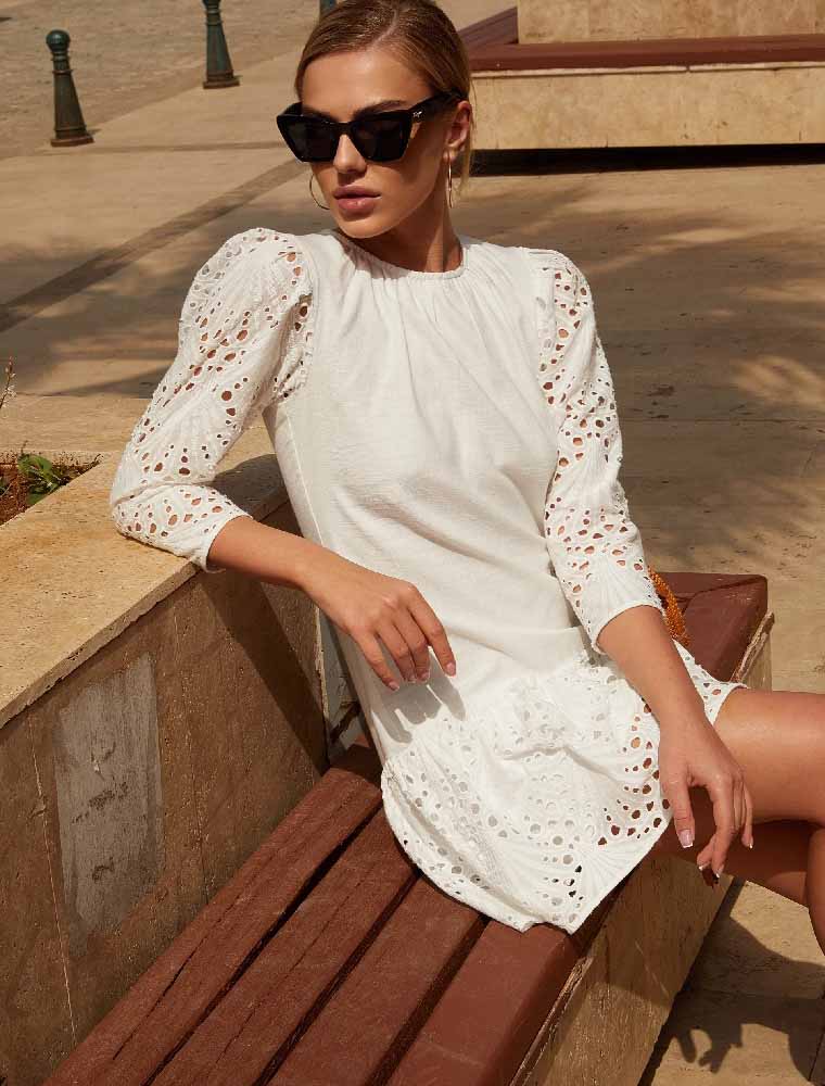 Long Sleeve Bottom Gather Sundress, Off White
