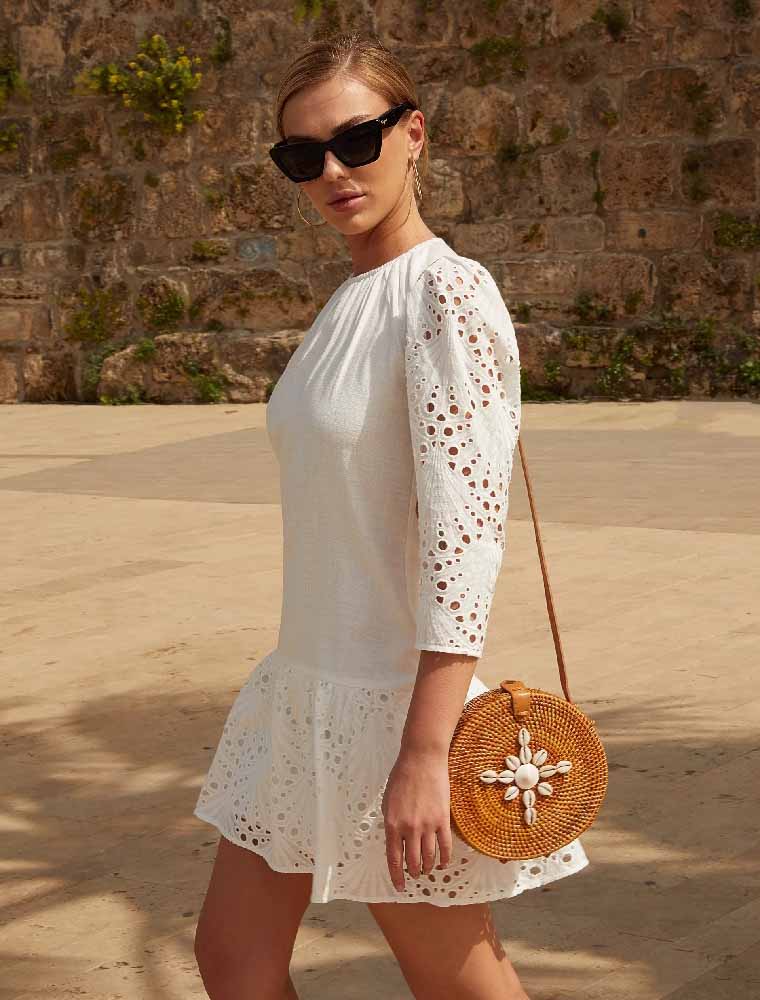Long Sleeve Bottom Gather Sundress, Off White