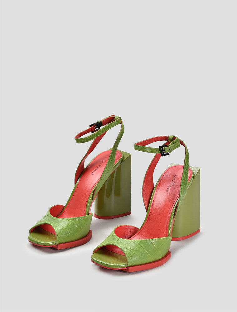 Geometrical Heel Red Sole Ankle Strap Sandals, Green