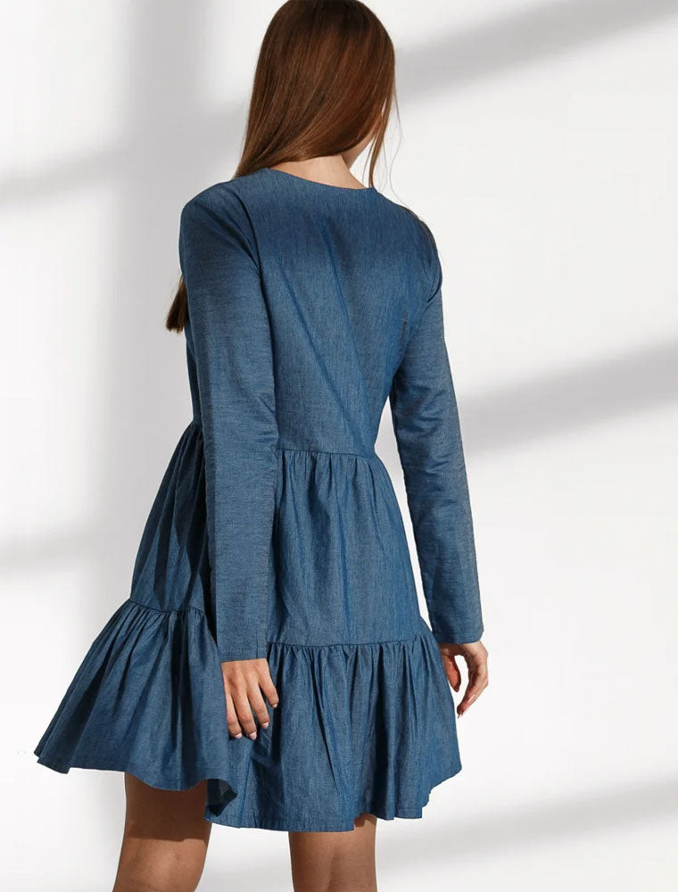 Tiered Long Sleeve Dress, Denim Blue