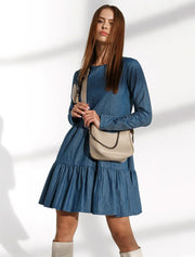 Tiered Long Sleeve Dress, Denim Blue