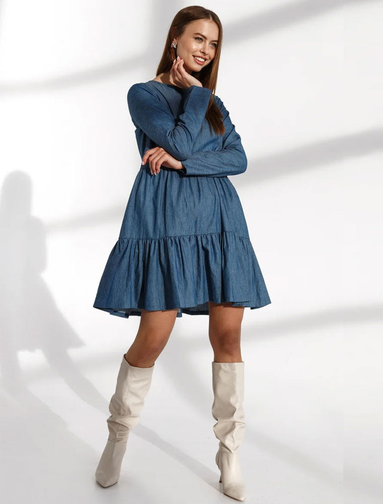 Tiered Long Sleeve Dress, Denim Blue