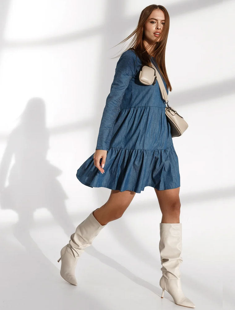 Tiered Long Sleeve Dress, Denim Blue