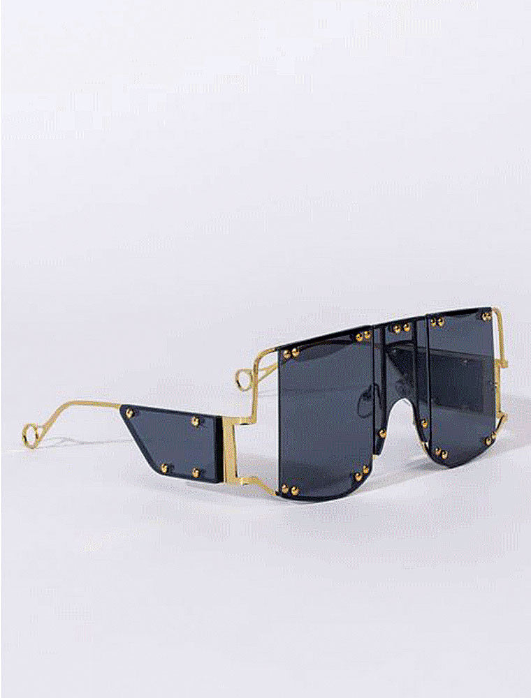 Gold Metal Wide Frame Sunglasses, Black