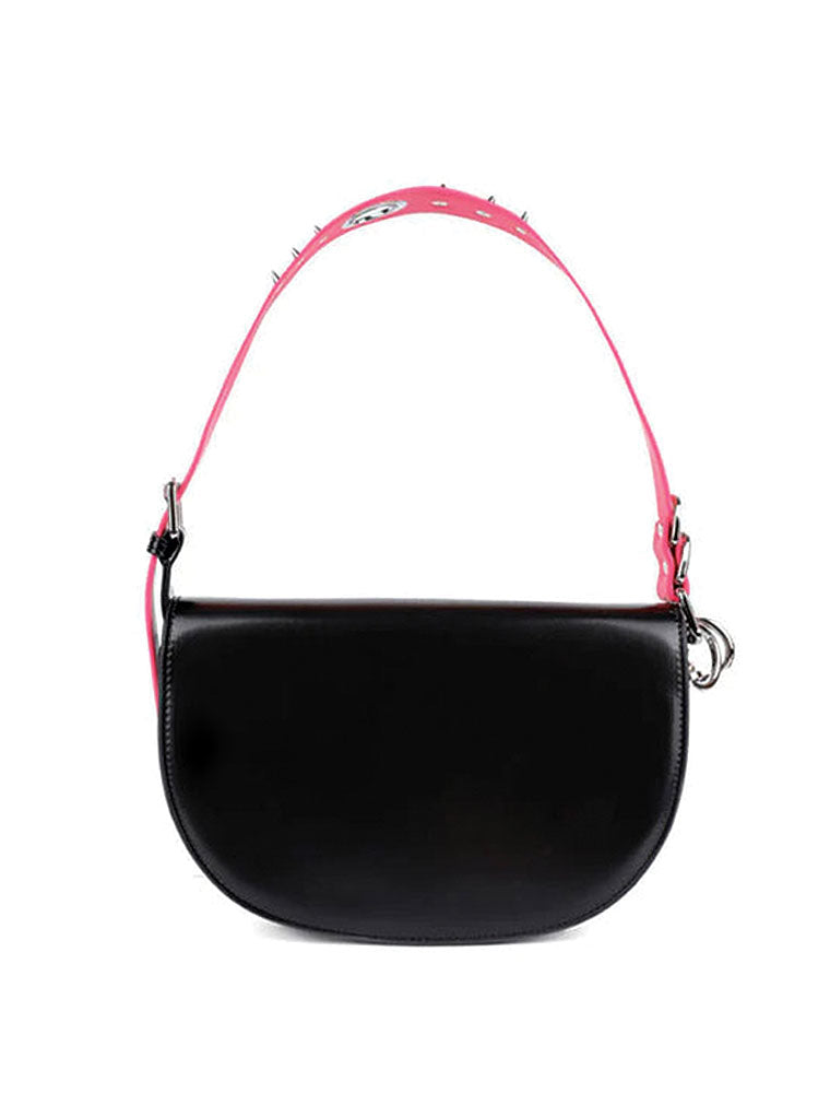 Hot Pink Strap Genuine Leather Hobo Bag, Black