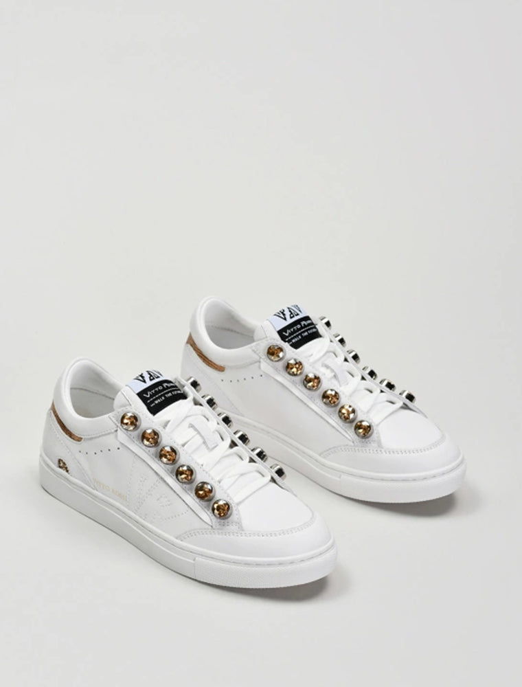 Leather Sneakers with Gold Crystal Studs, White