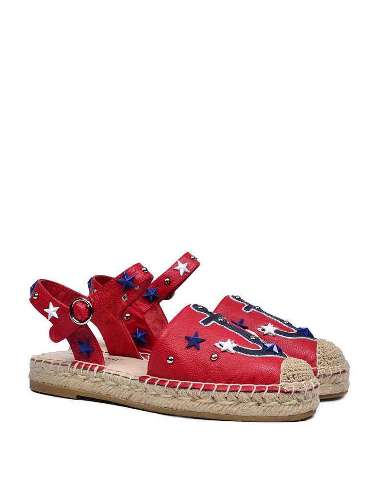 Nautical Leather Espadrille Flats, Red