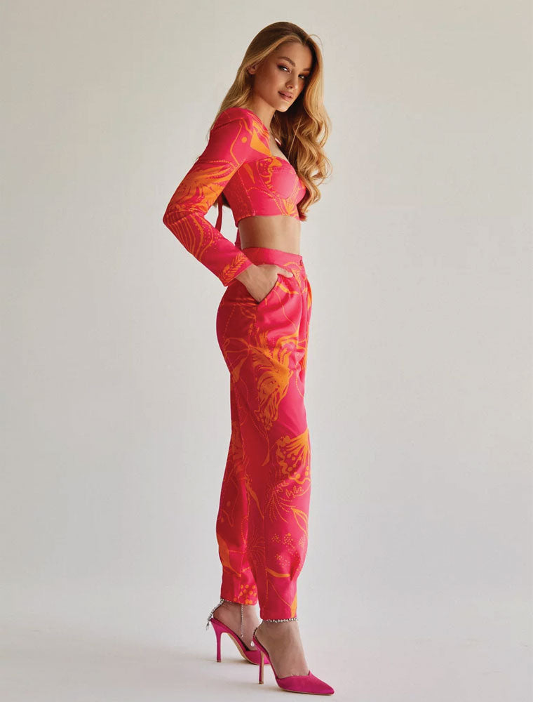 Printed Paperbag Summer Pants, Orange / Pink