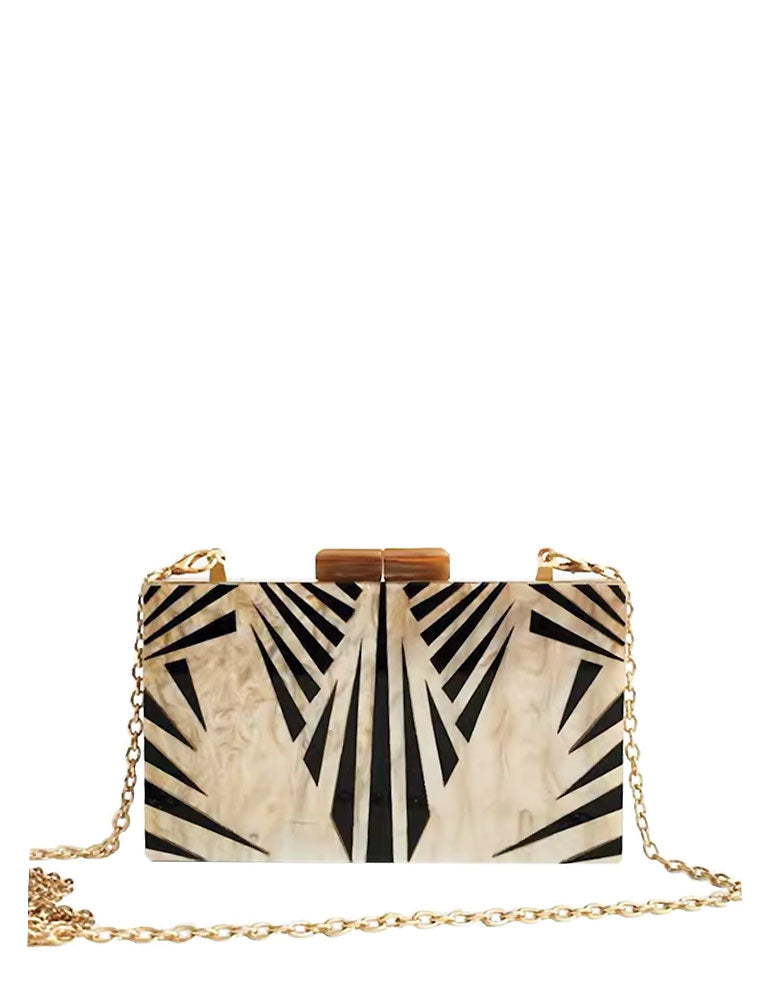 Rectangular Acrylic Clutch Bag, Beige / Black Feathers