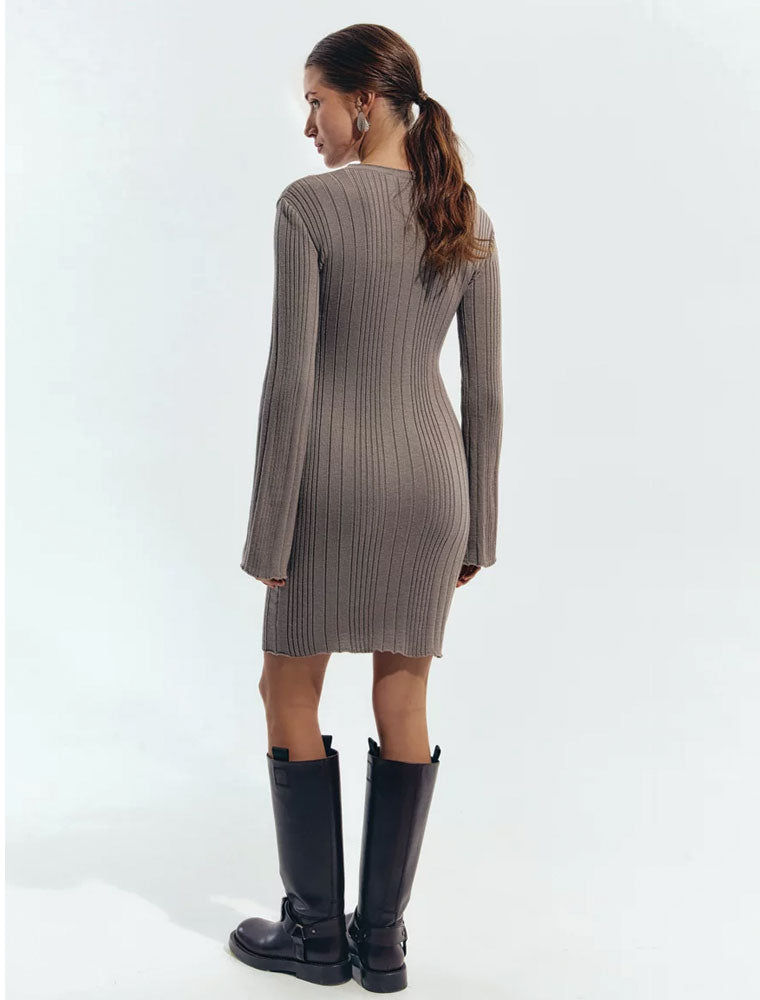 Ribbed Flare Sleeve Sweater Dress, Grey