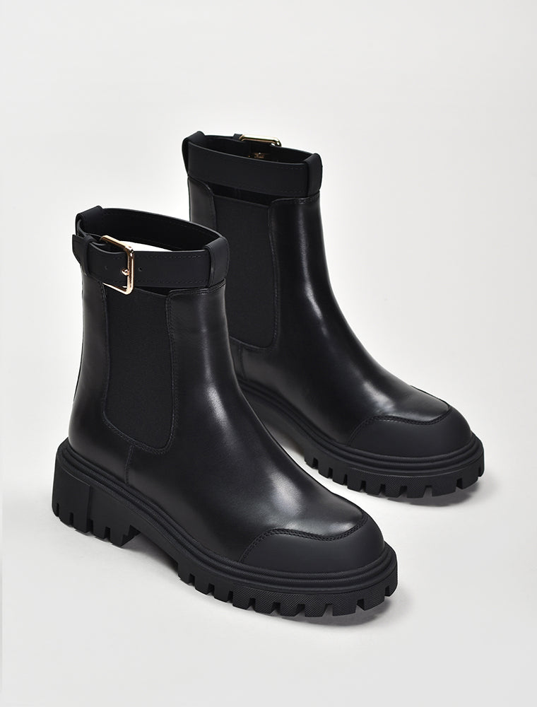 Slide In Leather Boots with Adjustable Buckle, Black