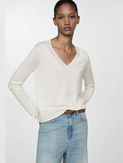 Solid Color V-Neck Jersey Sweater, Cream