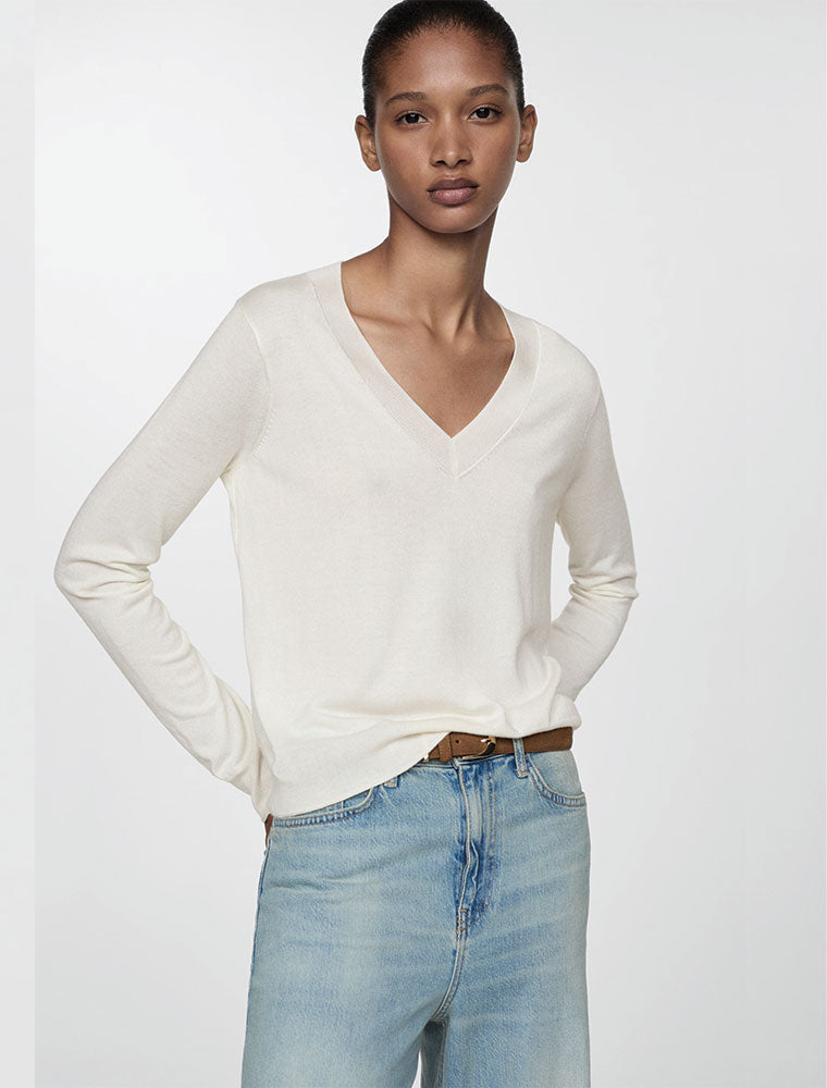Solid Color V-Neck Jersey Sweater, Cream