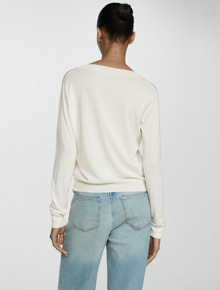 Solid Color V-Neck Jersey Sweater, Cream
