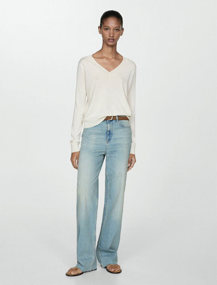 Solid Color V-Neck Jersey Sweater, Cream