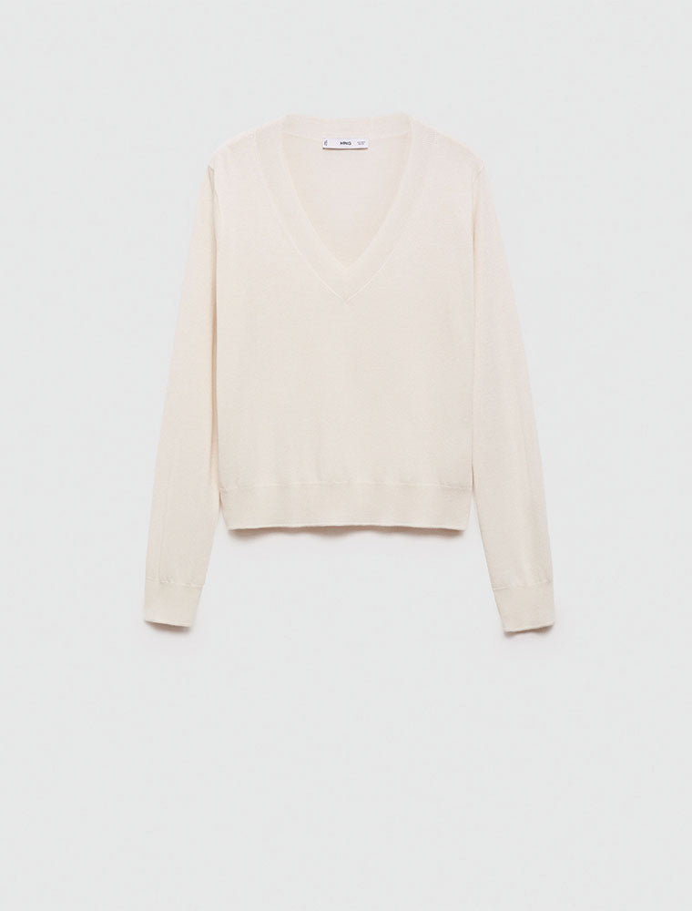 Solid Color V-Neck Jersey Sweater, Cream