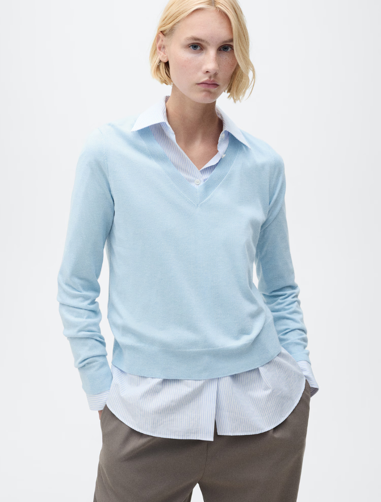 Solid Color V-Neck Jersey Sweater, Light Blue