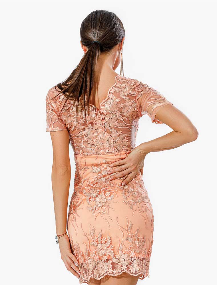 Women's Floral Lace Mini Dress, Peach
