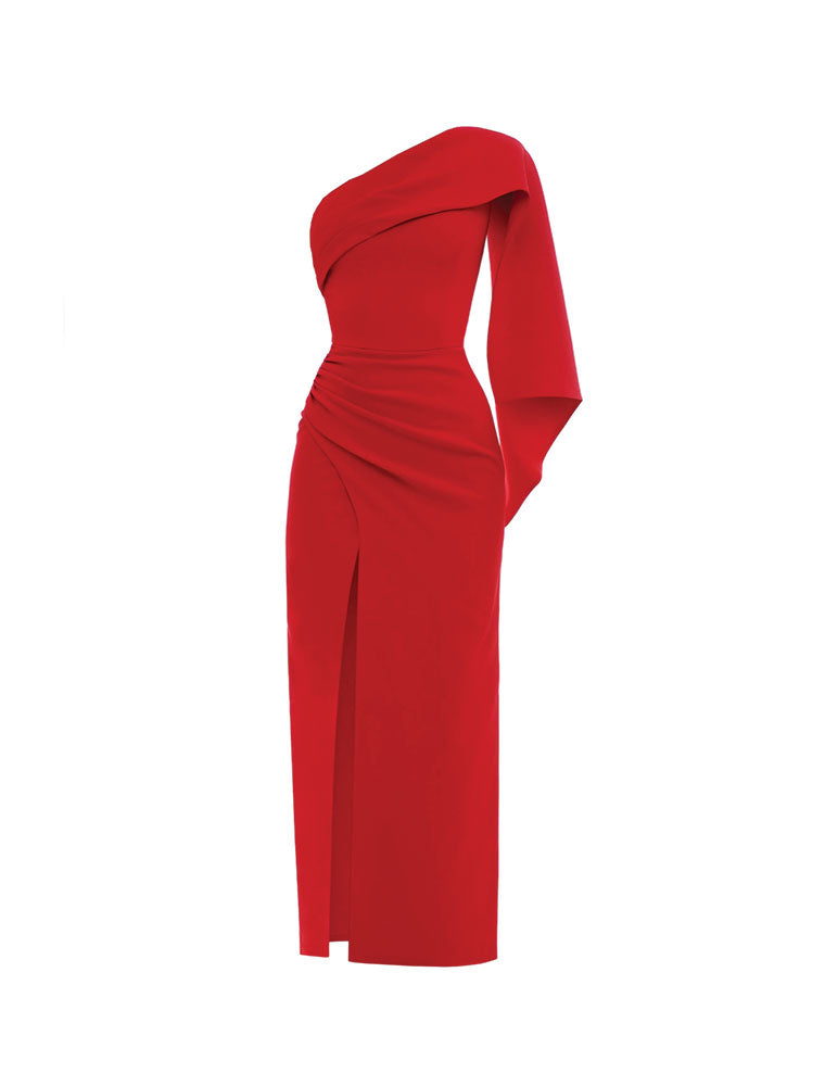 'Lavinia" One Sleeve Gathered Evening Maxi Dress, Red