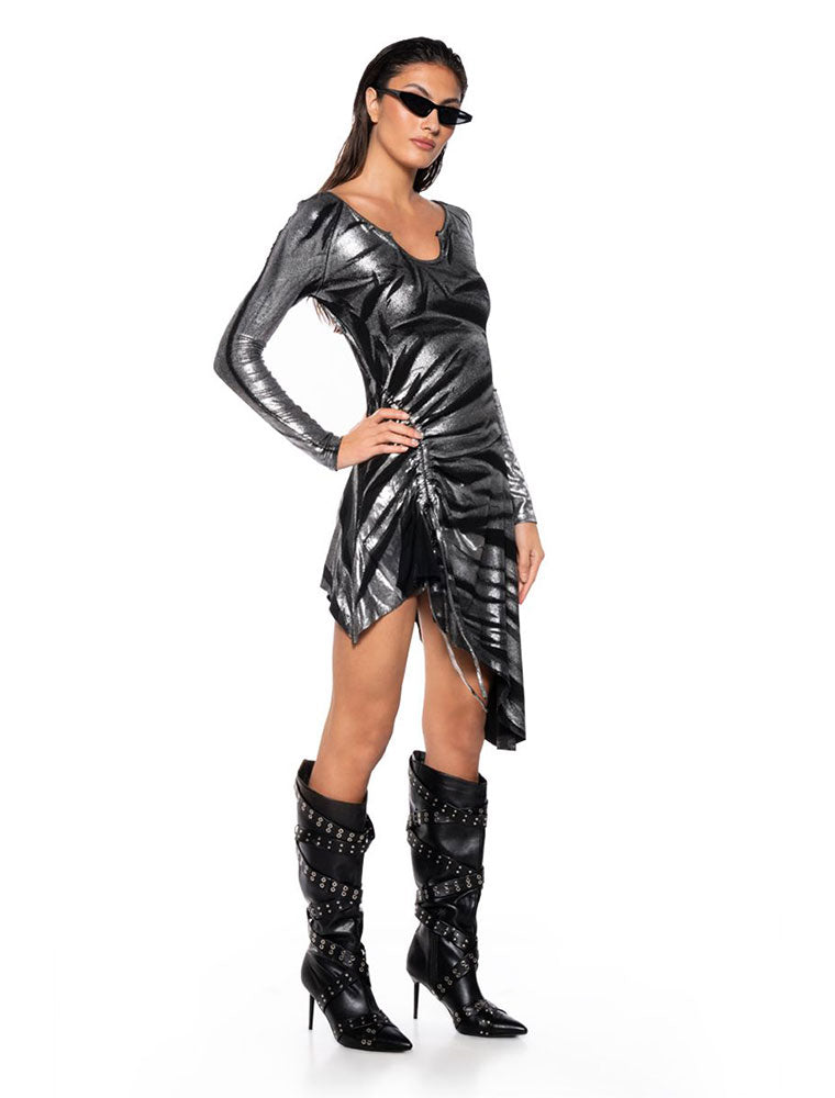 Metallic Knit Asymmetrical Mini Dress, Silver/Black