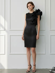 Asymmetrical Shoulder Ruffle Cocktail Dress, Black