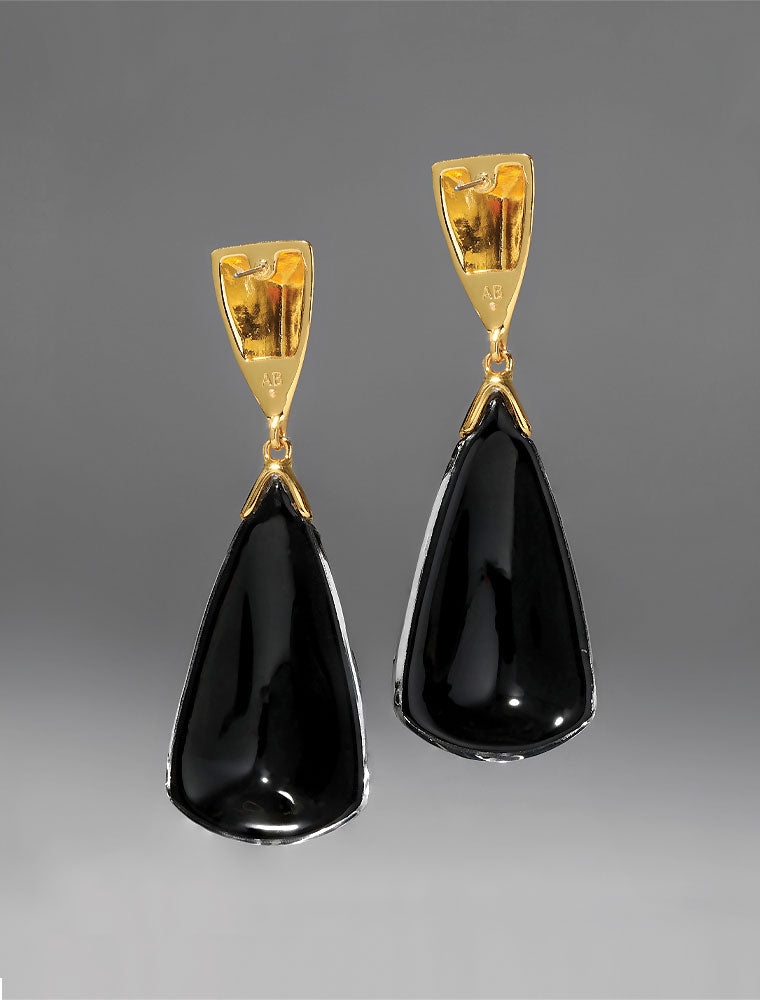 Black Lucite Armor Drop Earring, 14K Yellow Gold Plated