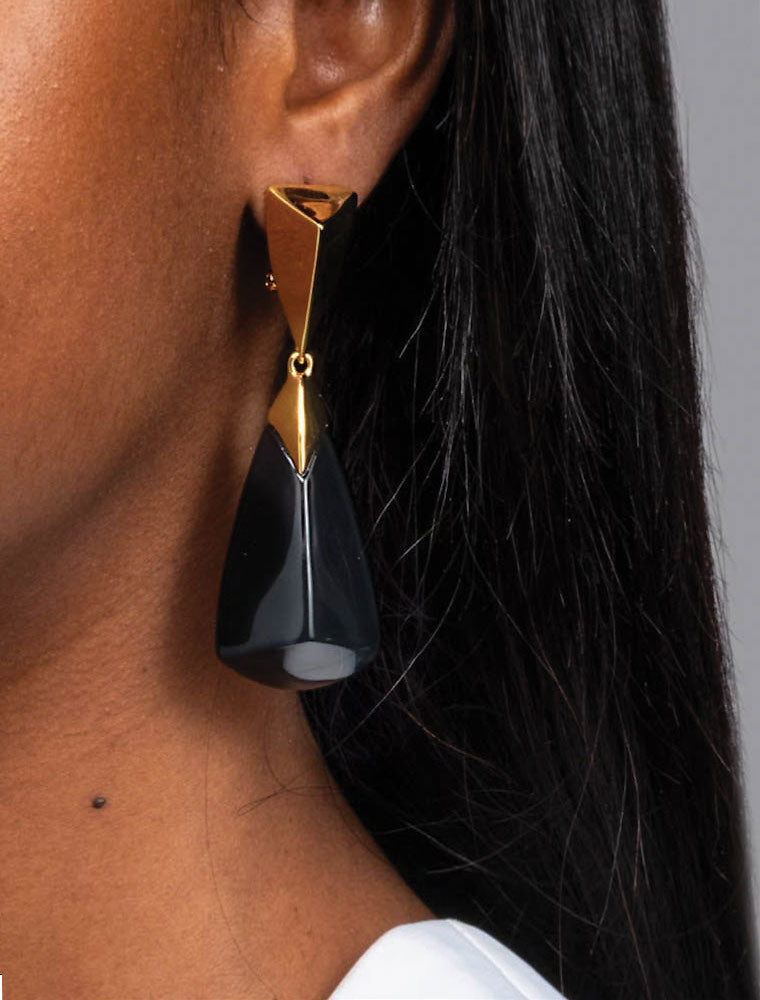 Black Lucite Armor Drop Earring, 14K Yellow Gold Plated
