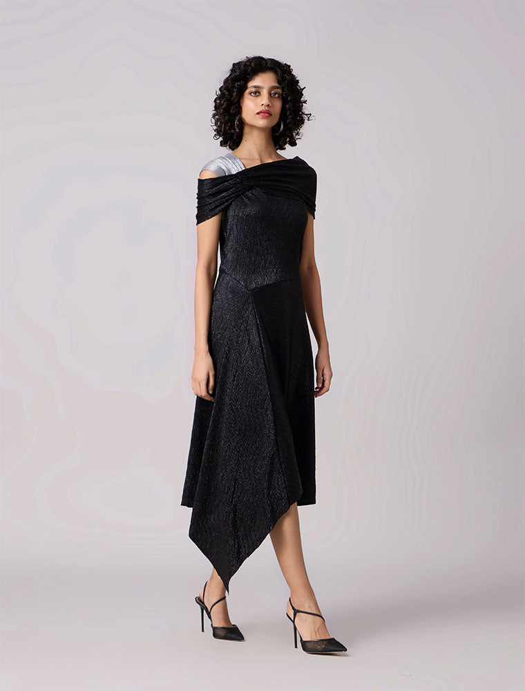 Tabita Asymmetrical Textured Dress, Black / Metallic