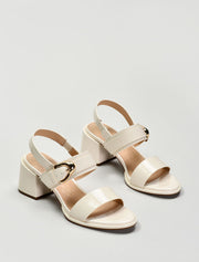 Leather Sandals with Faceted Gold Buckle, Cream
