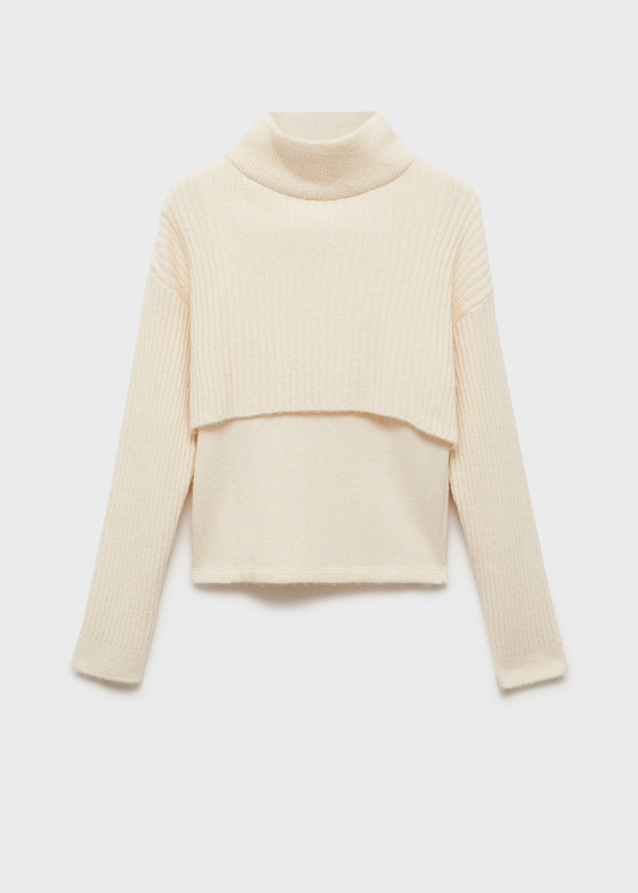 Double Layer High Collar Sweater, Off-White