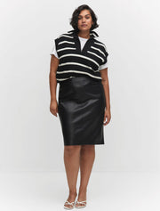 Faux Leather Back Slit Midi Skirt, Black