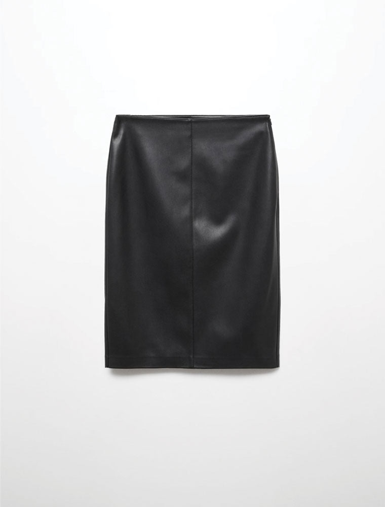 Faux Leather Back Slit Midi Skirt, Black