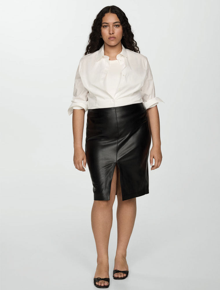 Faux Leather Front Slit Midi Skirt, Black