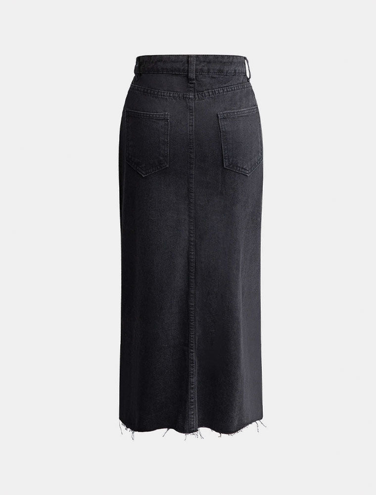 Front Cross Over Denim Midi Skirt, Black