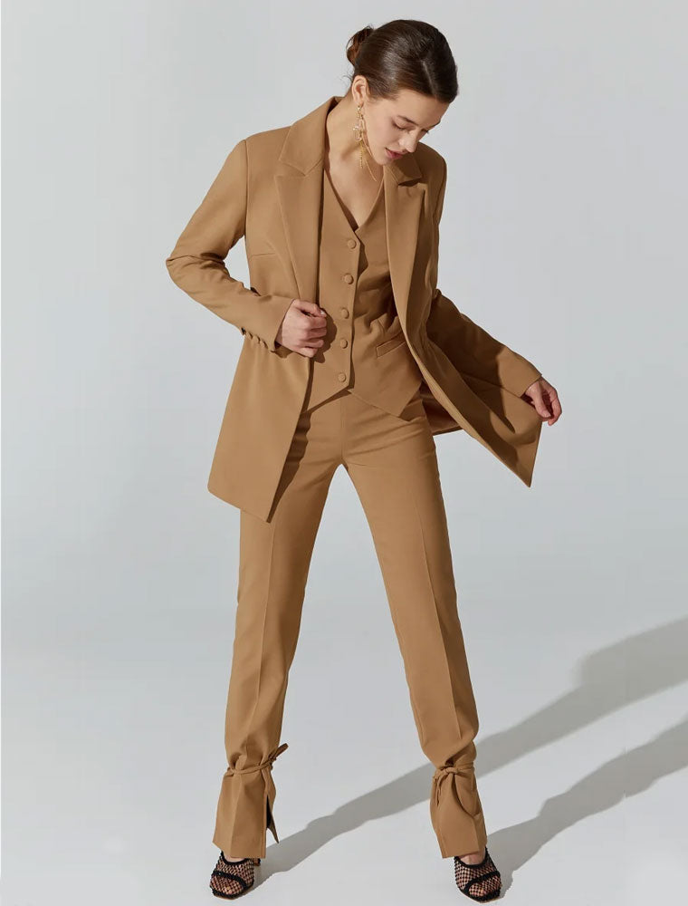 High Waisted Trousers with Ankle Ties, Beige