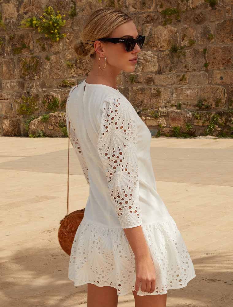 Long Sleeve Bottom Gather Sundress, Off White