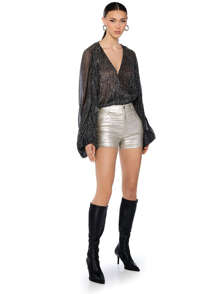 High Waisted Metallic Shorts, Silver