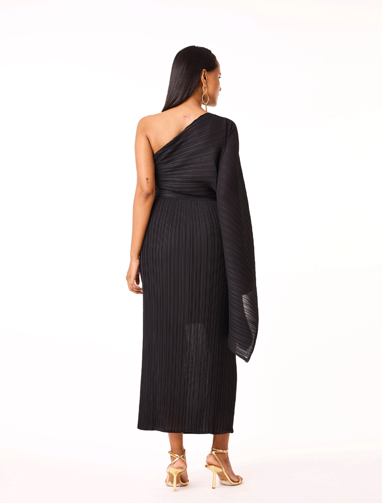 Kelly One Shoulder Cape Dress, Black