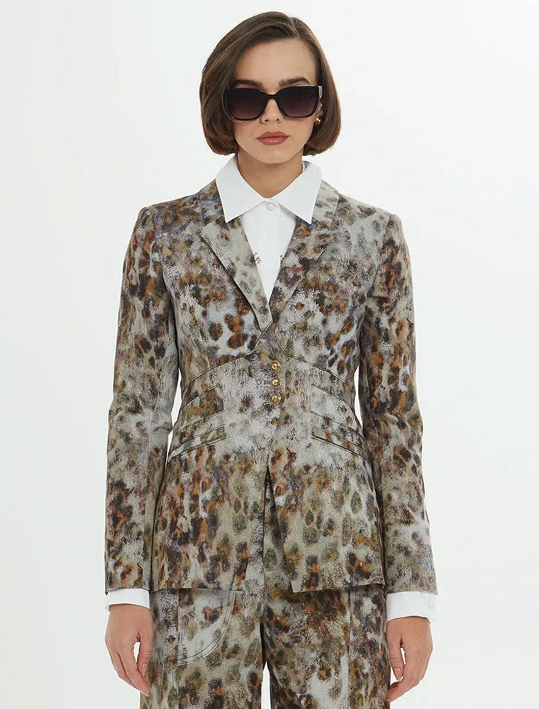 Leopard Print Waist Buttoned Blazer, Green
