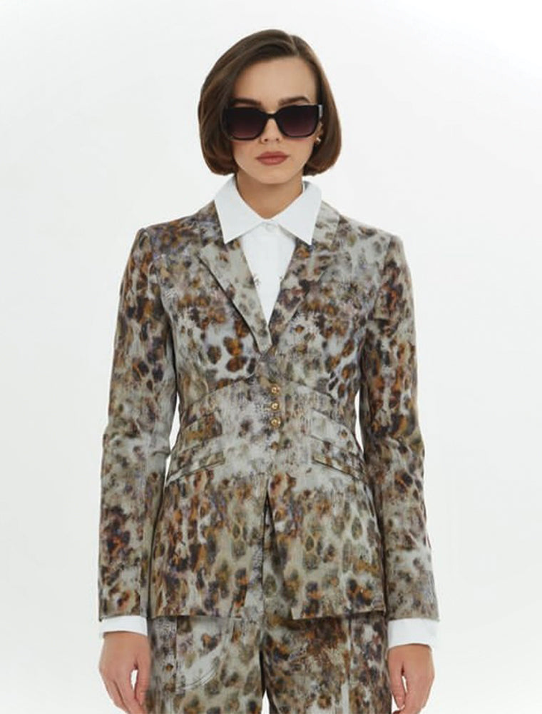 Lepoard Print Waist Buttoned Blazer, Green