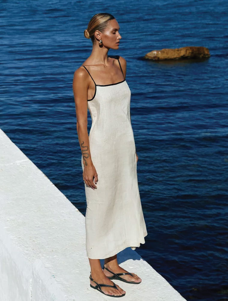 Linen Maxi Dress with Black Accent, Beige