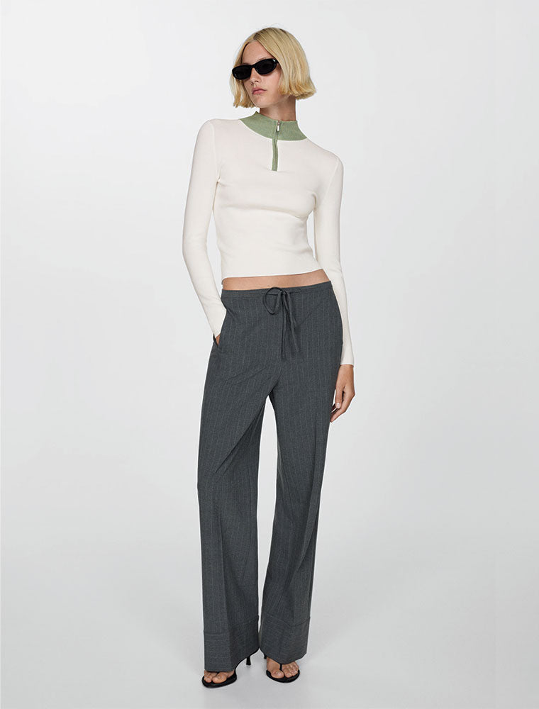 Long-Sleeve Top with Green Accent Collar, Cream